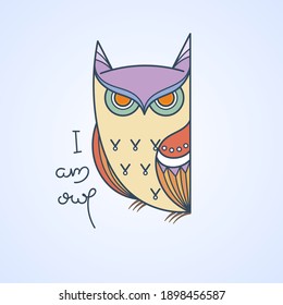I am owl logo. Doodel isolated emblem design. Kids education symbol. Vector illustration