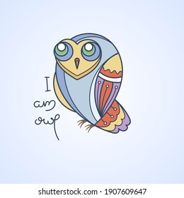 I am owl logo. Doodel isolated emblem design. Kids education symbol. Vector illustration
