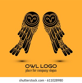 Owl Logo line art Template in orange colors, thin line style logotype, simple cute owl icon, place for text