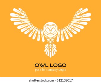 Owl Logo line art Template in orange colors, thin line style logotype, simple cute owl icon, place for text
