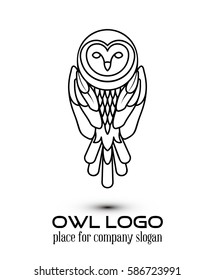 Owl Logo lineart Template.Line art, thin line style logotype, simple cute owl icon , place for text .