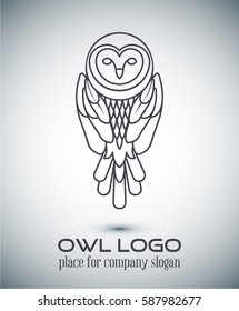 Owl Logo lineart Template.Line art, thin line style logotype, simple cute owl icon , place for text .