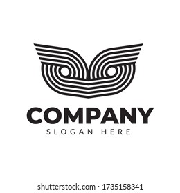 Owl logo made of stripes with eyes staring hard ahead. Minimalist and elegant.
