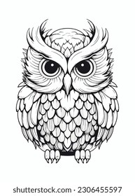 Owl logo mascot vector coloring book black and white for adults and kids isolated line art on white background. 