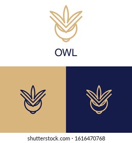 Owl logo in the modern linear style, copper stroke. owl logo of lines. Owl logo with curls. Vector Design