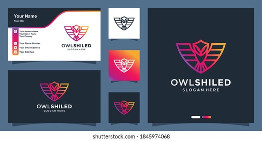 Owl logo with modern shield line art style and business card design template Premium Vector