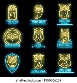 Owl logo set. Outline set of owl vector logo neon color on black