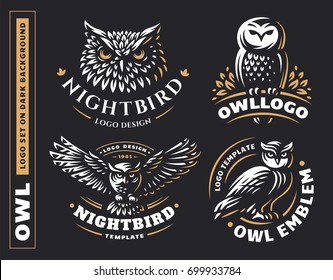 Owl logo set- vector illustrations. Emblem design on black background.
