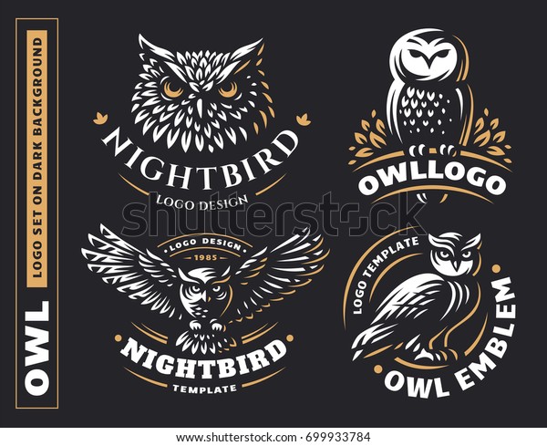 Owl logo set- vector illustrations. Emblem\
design on black\
background.