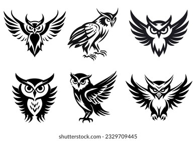 Owl logo silhouette in black and white set bundle. Vector Illustration.