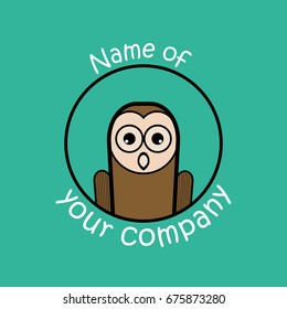 Owl Logo. template on a green background. Logo of a brown owl. Vector illustration. Logo template with an owl. Suitable for educational center.  Logo with an owl with a blue frame.