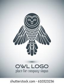 Owl Logo Template.Line art, thin line style logotype, simple cute owl icon , place for text .