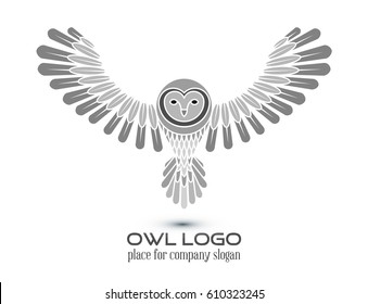 Owl Logo Template.Line art, thin line style logotype, simple cute owl icon , place for text .