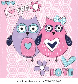 owl love with lace background vector illustration