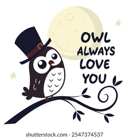 Owl Love You: Bird, Moon, Night Vector Design