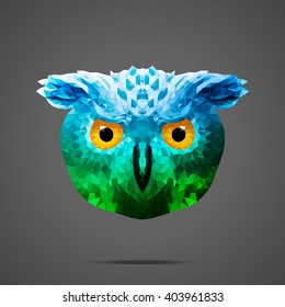 Owl low poly portrait. Gradient blue - green. Side light source. Abstract polygonal illustration.