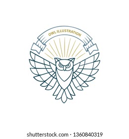 Owl. Owl luxury logo with ribbon and shining rays. Owl hand drawn vector illustration.