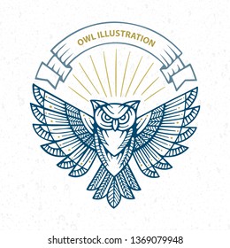 Owl. Owl luxury logo with ribbon and shining rays. Owl hand drawn vector illustration.