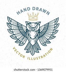 Owl. Owl luxury logo with ribbon and shining rays. Owl hand drawn vector illustration.