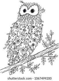 Owl made of leaves and flowers.
Vector illustration on transparent.
Hand-drawn picture for coloring book.