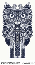 Owl and magic castle tattoo art. Symbol of wisdom, meditation, thinking, fairy tales t-shirt design 