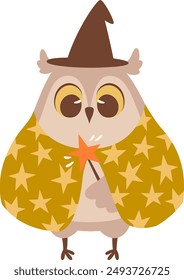 Owl With Magic Stick Vector Illustration