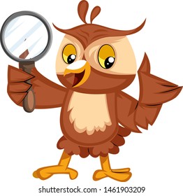 Owl with magnifying glass, illustration, vector on white background.