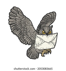 Owl with mail letter color sketch engraving vector illustration. T-shirt apparel print design. Scratch board imitation. Black and white hand drawn image.