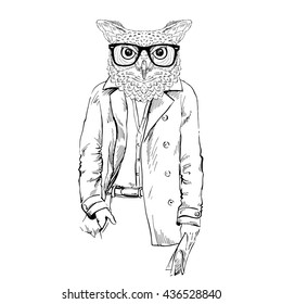 owl man dressed up in trench coat, furry art illustration, fashion animals