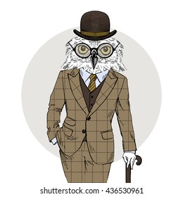 owl man dressed up in vintage tweed suit, furry art illustration, fashion animals