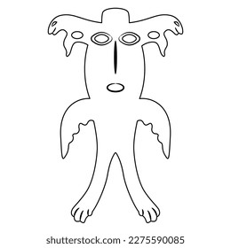 Owl man. Fantastic creature from ancient Siberian mythology. Permian animal style. Black and white linear silhouette.
