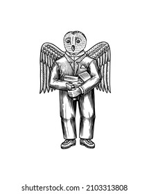 Owl man with large wings in a suit with books. Smart bird. Fashion animal character. Hand drawn woodcut outline sketch. Vector engraved illustration for logo and tattoo or T-shirts.