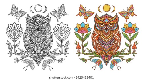 Owl mandala. Animal Vector illustration. Adult or kids coloring book page in Zen boho style. Antistress Peaceful drawing