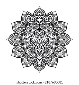 Owl mandala book, Hand drawn Vector Illustration design. Tribal vector coloring book Texture background. Print design.