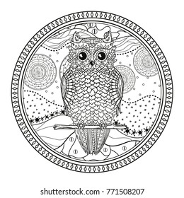 Owl. Mandala with cute bird. Zentangle. Hand drawn abstract patterns on isolation background. Design for spiritual relaxation for adults. Zendala. Black and white illustration for coloring. Zen art