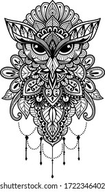 Owl mandala illustration black and white vector. Owl mandala tattoo, background, tshirt design,, pattern, logo.