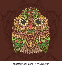 Owl mandala illustration design. Owl doodle art, vintage, handdrawn style. Logo, tshirt, bakcground, template design