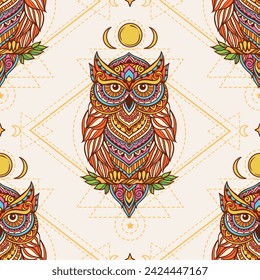 Owl mandala pattern retro. Vector illustration. Flower Ethnic drawing. Owl bird animal nature in Zen boho style. Magic Coloring page, hippie style