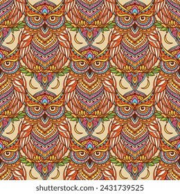 Owl mandala pattern retro. Vector illustration. Flower Ethnic drawing. Owl bird animal nature in Zen boho style. Magic hippie style