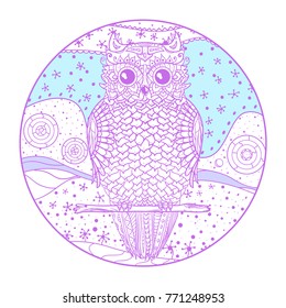 Owl. Mandala with pretty bird. Design Zentangle. Hand drawn abstract patterns on isolation background. Design for spiritual relaxation for adults. Line art creation. Zen art. Decorative style