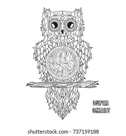 Owl. Mandala. Pretty bird. Detailed hand drawn night owl with abstract patterns on isolation background. Design for spiritual relaxation for adults. Black and white illustration for coloring. Zen art