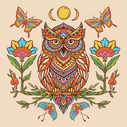 Owl Mandala Retro. Vector Illustration. Flower Ethnic Drawing. Owl Bird Animal Nature In Zen Boho Style. Coloring Page, Hippie, Eastern Style