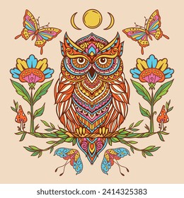 Owl mandala retro. Vector illustration. Flower Ethnic drawing. Owl bird animal nature in Zen boho style. Coloring page, hippie, eastern style