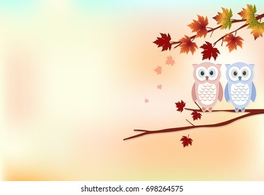 Owl with Maple tree and leaves floating, autumn background, paper art style