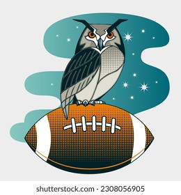 Owl mascot of an american football team. Owl on a football with a night full of stars in the background. Sport illustration concept.