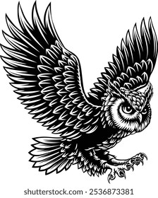 An owl mascot bird with wings spread flying illustration in a vintage woodcut style 