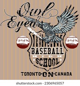 Owl mascot of a high school baseball team flying over the team emblem while holding a baseball bat, on the sides two baseballs over a striped background