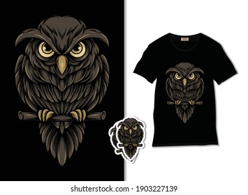 Owl mascot vector. Owl on the night illustration with t shirt design