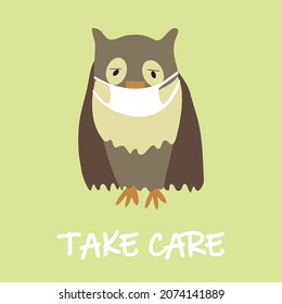 Owl in mask for taking care. Vector color illustration.
Funny animals. 