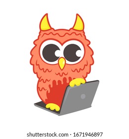 Owl monster and laptop logo vector ilustration